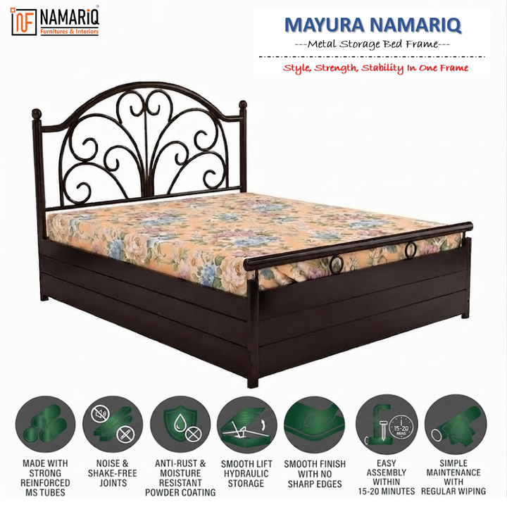 MAYURA NAMARIQ: Heavy Duty Hydraulic Storage Metal Bed Frame with Designer Scrolled Headboard | Bedroom Furniture | Easy Assembly | Premium Powder Coated | KING, QUEEN, SINGLE Sizes | BROWN Color+2
