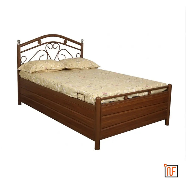 MAGNUS NAMARIQ: Elegant Metal Bed – With Hydraulic Box Storage – Water Resistant & Anti-Rust Powder Coated Finish - BROWN+2