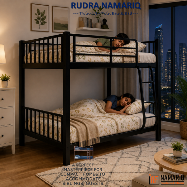 RUDRA NAMARIQ: Heavy Duty Twin Bunk-Bed Frame with Ladder & Safety Guard Rails | Space Saving Bed for Kids Teens & Adults | With or Without Mattress | 6x3 FT STANDARD & 6x2.5 FT Small Size | Powder Coated BLACK Color