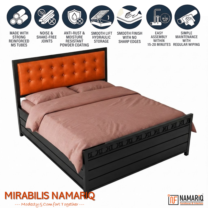 MIRABILIS NAMARIQ: Heavy Duty Hydraulic Storage Metal Bed Frame | Tufted Cushion Headboard | Bedroom Furniture | Easy Assembly | Premium Powder Coated | KING, QUEEN, SINGLE Sizes | BLACK Color+2