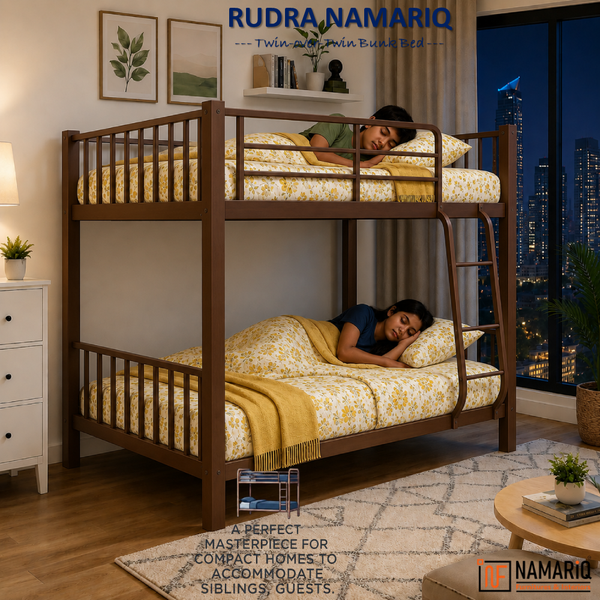 RUDRA NAMARIQ: Heavy Duty Twin Bunk-Bed Frame with Ladder & Safety Guard Rails | Space Saving Bed for Kids Teens & Adults | With or Without Mattress | 6x3 FT STANDARD & 6x2.5 FT Small Size | Powder Coated BROWN Color