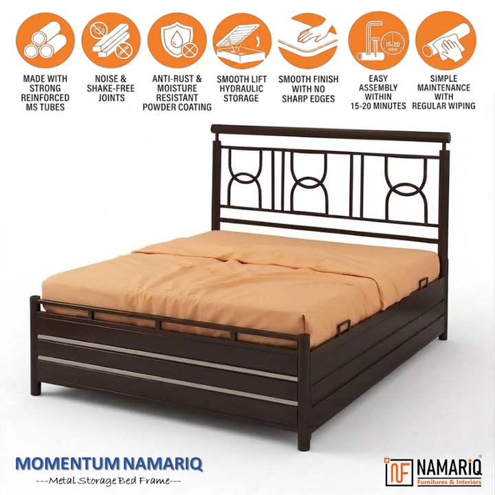 MOMENTUM NAMARIQ: Heavy Duty Hydraulic Storage Metal Bed Frame with Designer Headboard | Bedroom Furniture | Easy Assembly | Premium Powder Coated | KING, QUEEN, SINGLE Sizes | BROWN Color+2