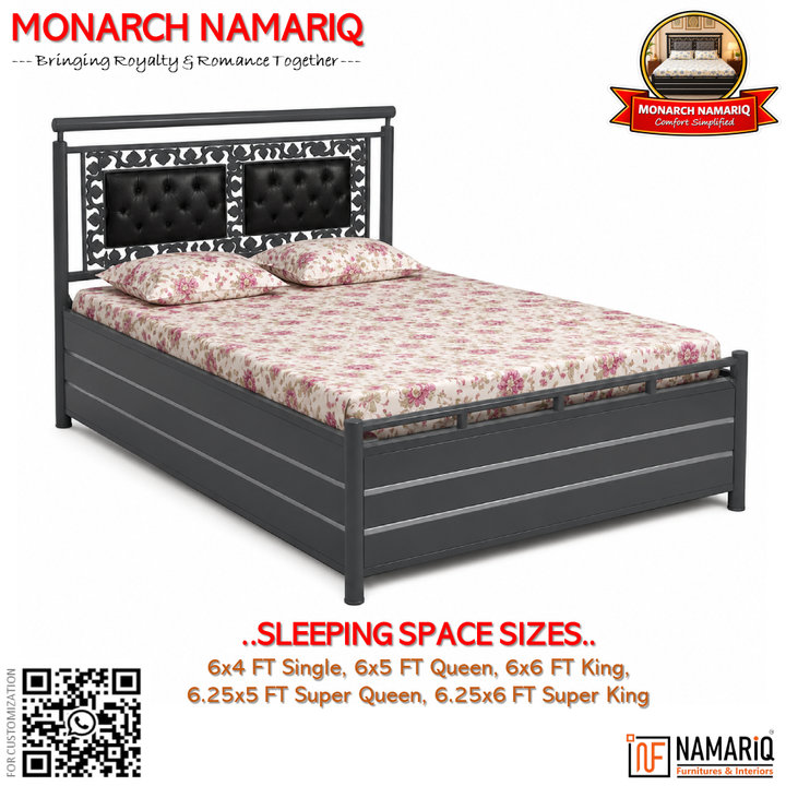MONARCH NAMARIQ: Heavy Duty Hydraulic Storage Metal Bed Frame | Dual Button-Tufted Cushion Headboard with Carved Ornamental Border| Bedroom Furniture | Easy Assembly | | KING, QUEEN, SINGLE, SUPER-KING & SUPER-QUEEN Sizes | GREY-BLACK Color+2