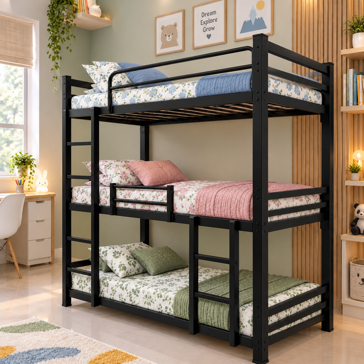 RISE-TRIO NAMARIQ: Heavy Duty Triple Bunk-Bed Frame with Ladder & Safety Guardrails | 3-Tier Space Saving Heavy Duty | Kids & Adults, Guests Room | | With or Without Mattress | Powder Coated BLACK Color+2