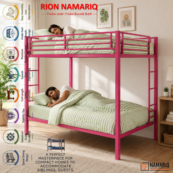 RION NAMARIQ: Twin-OVER-Twin Bunk-Bed Frame with Inbuilt Ladder & Safety Guardrails | Space Saving Bed for Kids Teens & Adults | With or Without Mattress | 6x3 FT STANDARD & 6x2.5 FT Small Size | Powder Coated PINK Color