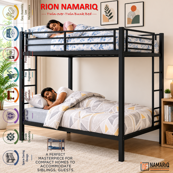 RION NAMARIQ: Twin-OVER-Twin Bunk-Bed Frame with Inbuilt Ladder & Safety Guardrails | Space Saving Bed for Kids Teens & Adults | With or Without Mattress | 6x3 FT STANDARD & 6x2.5 FT Small Size | Powder Coated BLACK-RED Color