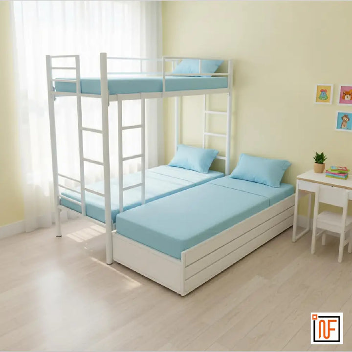 NOVUS NAMARIQ: Twin Over Full Hydraulic Storage Triple Zone Bunk Bed – Anti-Rust & Moisture Proof Powder Coated Finish - IVORY+2