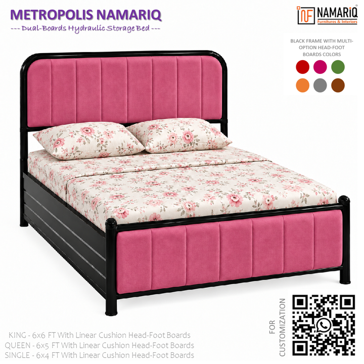 METROPOLIS NAMARIQ: Hydraulic Storage Metal Bed Frame with Cushioned Tufted Head-Footboards | Bedroom Furniture | Easy Assembly | Premium Powder Coated | KING, QUEEN, SINGLE Sizes | BLACK-PINK Color+2