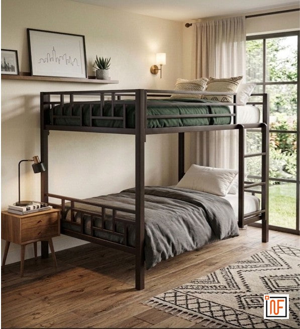 PARIVAR NAMARIQ: Upgrade Your Sleep Space with The Namariq FULL-OVER-FULL Metal Bunk Bed – For 4 Persons. Without Box Storage, Without Mattresses – Dark BROWN Powder Coated Finish.