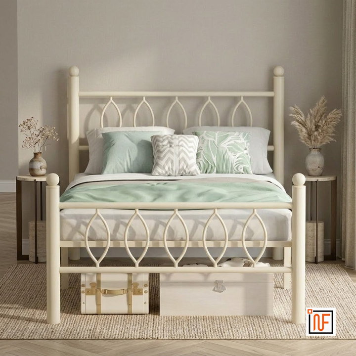 ZANDER NAMARIQ: Elegant Solid Metal Bed - Without Inbuilt Storage – Water Resistant & Anti-Rust Powder Coated Finish - IVORY