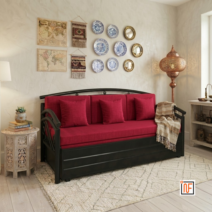 ONYX NAMARIQ: Butterfly Design Frame Metal Sofa-cum-Bed – Convertible Sofa-cum-Bed - With Hydraulic Box Storage – for Bedroom / Living Room - Water Resistant & Anti-Rust Powder Coated Finish - BLACK-RED Tone