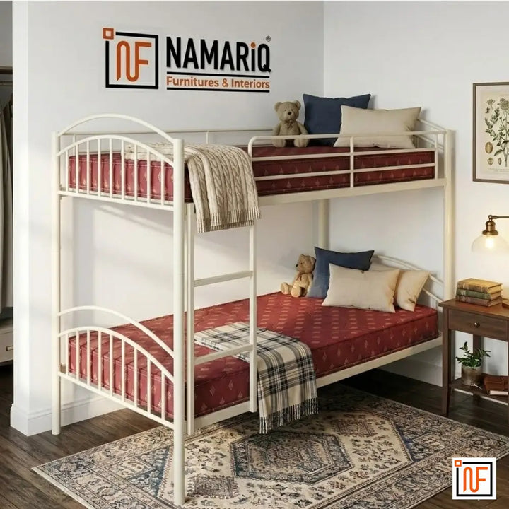 RENFORT NAMARIQ: Twin-Over-Twin, Heavy Duty Metal Bunk Bed – Anti-Rust & Water-Resistant Powder Coated Finish – IVORY