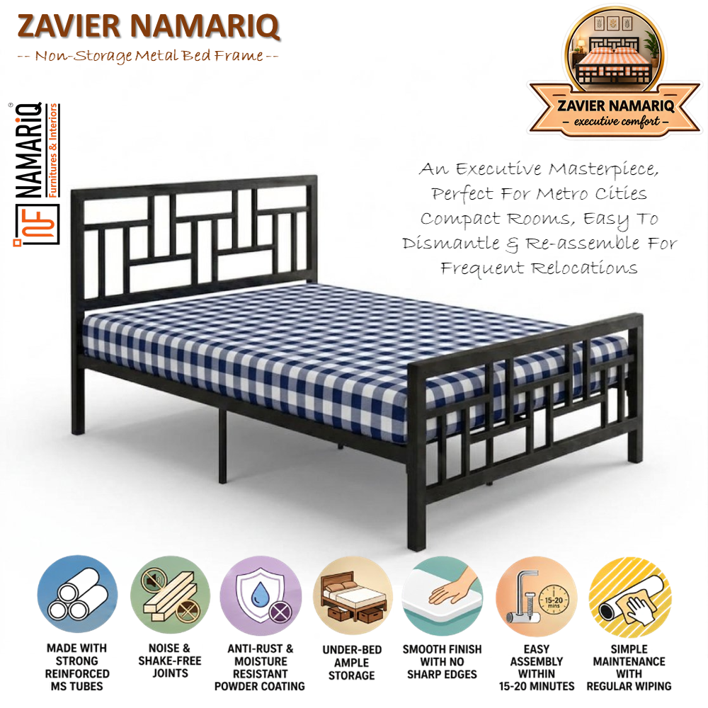 zavier-namariq-solid-wrought-iron-metal-bed-cot-without-inbuilt-storage-box-space-saving-bedroom-furniture-artistic-head-footboard-with-without-mattress-king-queen-single-sizes-powder-coated-black-color