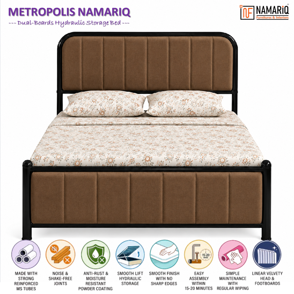 metropolis-namariq-hydraulic-storage-metal-bed-frame-with-cushioned-tufted-head-footboards-bedroom-furniture-easy-assembly-premium-powder-coated-king-queen-single-sizes-black-brown-color