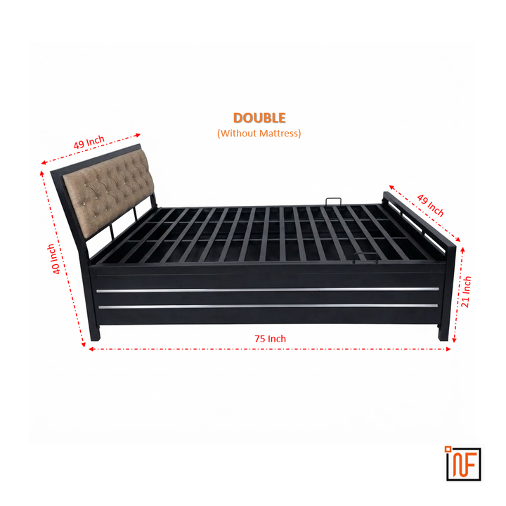 MIRABILIS NAMARIQ: Sanctuary Wrought Iron Metal Bed – With Hydraulic Box Storage & Headboard Cushion – Water Resistant & Anti-Rust Powder Coated Finish - BLACK