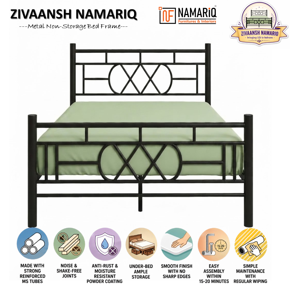 zivaansh-namariq-wrought-iron-metal-bed-without-inbuilt-storage-box-space-saving-bedroom-cot-bed-with-architectural-circle-grid-head-footboard-with-without-mattress-king-queen-single-sizes-powder-coated-black-color