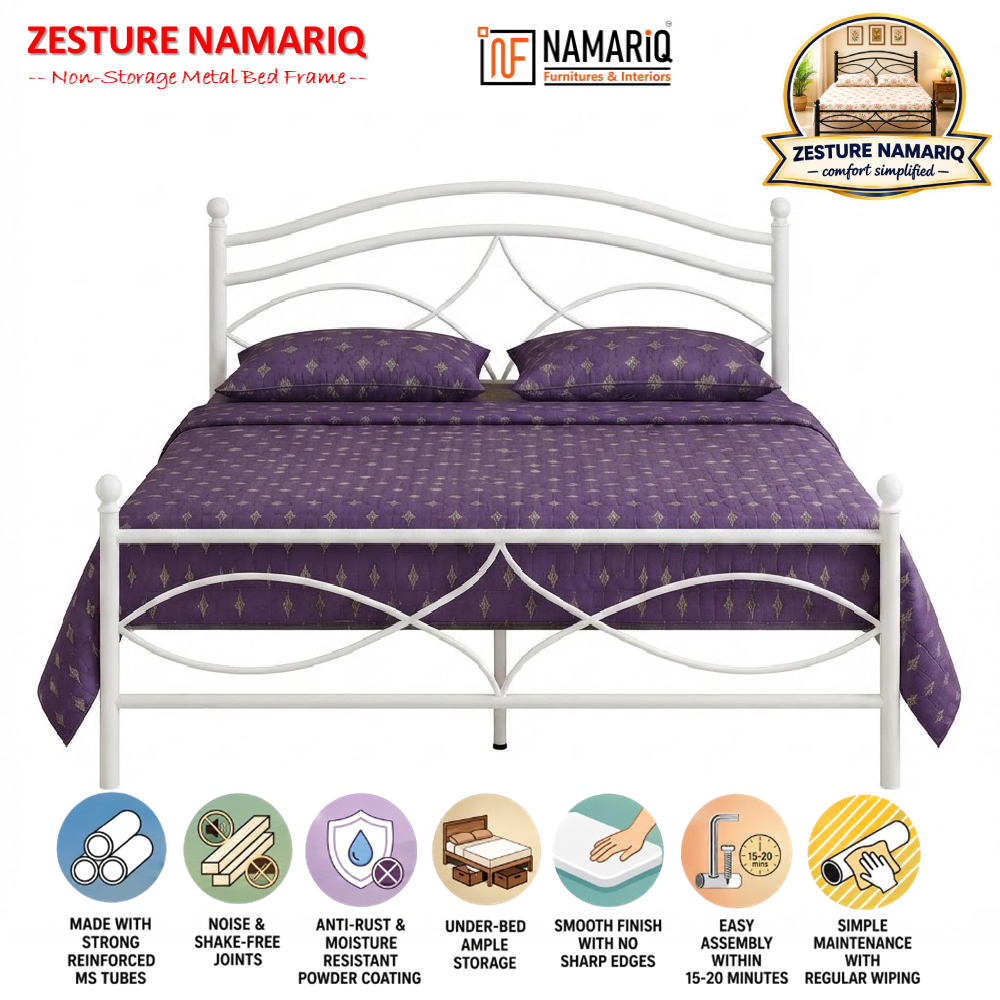 zesture-namariq-solid-wrought-iron-metal-bed-cot-without-inbuilt-storage-box-space-saving-bedroom-furniture-artistic-head-footboard-with-without-mattress-king-queen-single-sizes-powder-coated-white-color