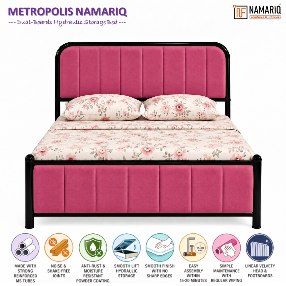 metropolis-namariq-hydraulic-storage-metal-bed-frame-with-cushioned-tufted-head-footboards-bedroom-furniture-easy-assembly-premium-powder-coated-king-queen-single-sizes-black-pink-color
