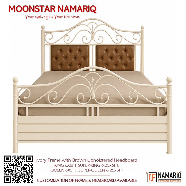 MOONSTAR NAMARIQ: Heavy Duty Metal Bed Frame | Hydraulic Box Storage | Designer Headboard Twin Cushions | Designer Footboard | King, Queen, Super-King, Super-Queen Sizes | Water Resistant & Anti-Rust Powder Coated | IVORY Color+2