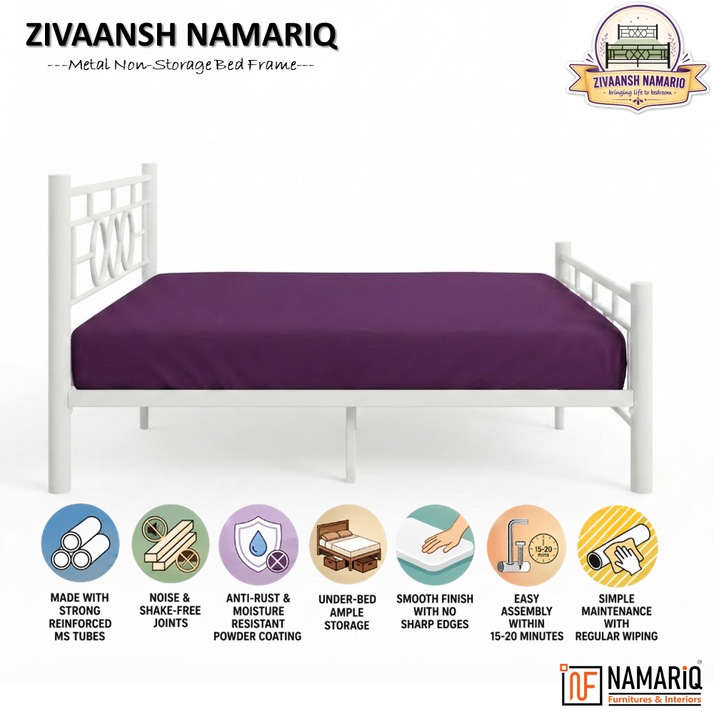 zivaansh-namariq-wrought-iron-metal-bed-without-inbuilt-storage-box-space-saving-bedroom-cot-bed-with-architectural-circle-grid-head-footboard-with-without-mattress-king-queen-single-sizes-powder-coated-white-color