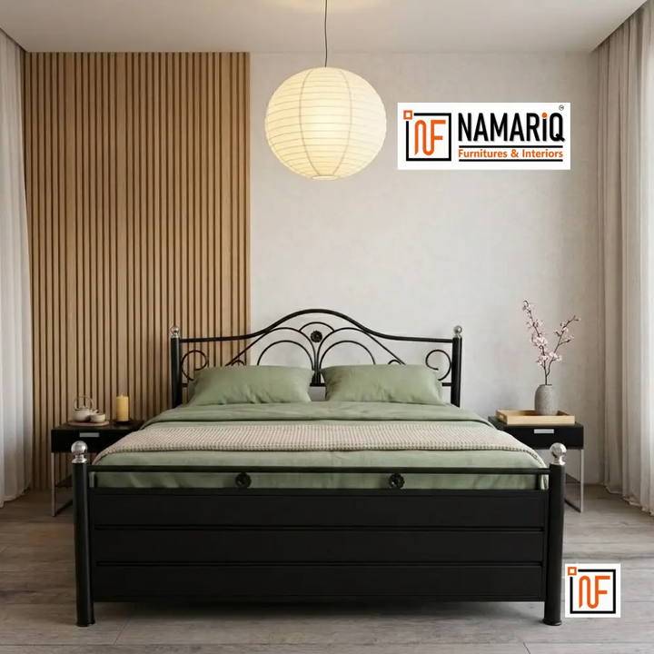 MONTROSE NAMARIQ: Romantically Designed Wrought Iron Metal Bed – With Hydraulic Box Storage – Water Resistant & Anti-Rust Powder Coated Finish - BLACK