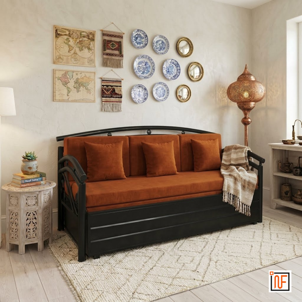 ONYX NAMARIQ: Butterfly Design Frame Metal Sofa-cum-Bed – Convertible Sofa-cum-Bed - With Hydraulic Box Storage – for Bedroom / Living Room - Water Resistant & Anti-Rust Powder Coated Finish - BLACK-ORANGE Tone