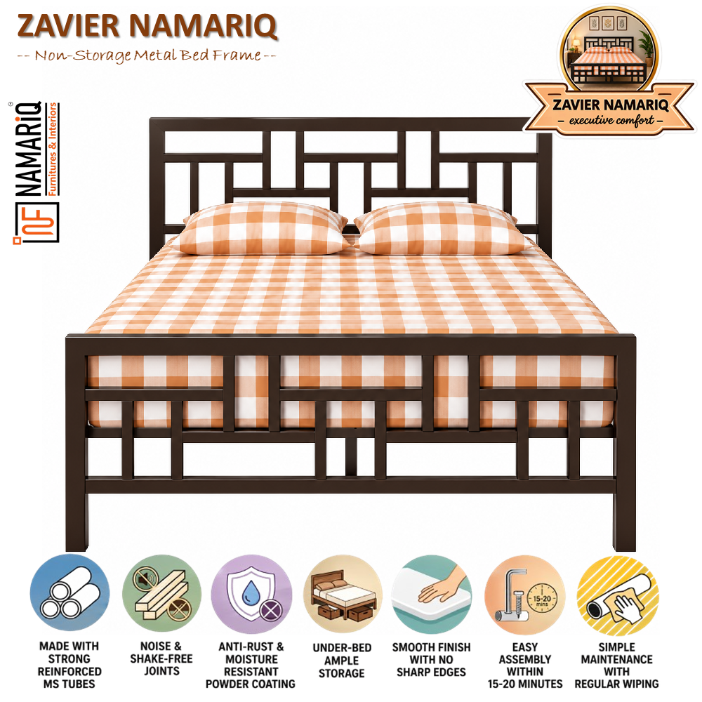 zavier-namariq-solid-wrought-iron-metal-bed-cot-without-inbuilt-storage-box-space-saving-bedroom-furniture-artistic-head-footboard-with-without-mattress-king-queen-single-sizes-powder-coated-brown-color