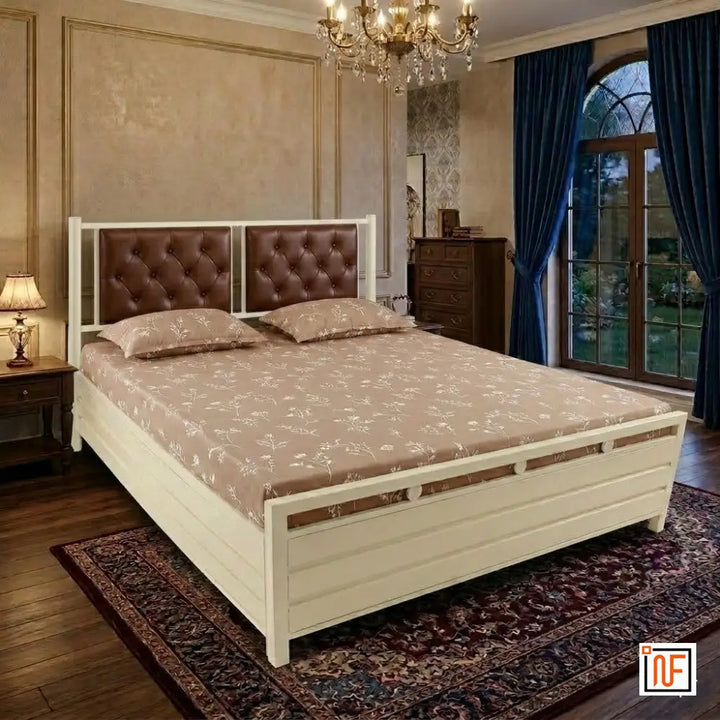 MANAS NAMARIQ: Comfort Metal Bed – With Hydraulic Box Storage & Twin Headboard Cushion – Water Resistant & Anti-Rust Powder Coated Finish - IVORY