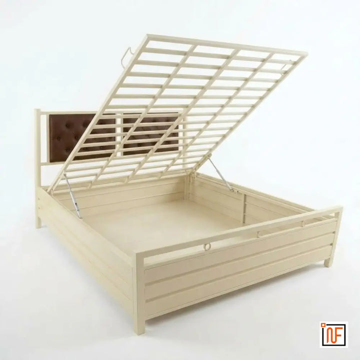MANAS NAMARIQ: Comfort Metal Bed – With Hydraulic Box Storage & Twin Headboard Cushion – Water Resistant & Anti-Rust Powder Coated Finish - IVORY+2