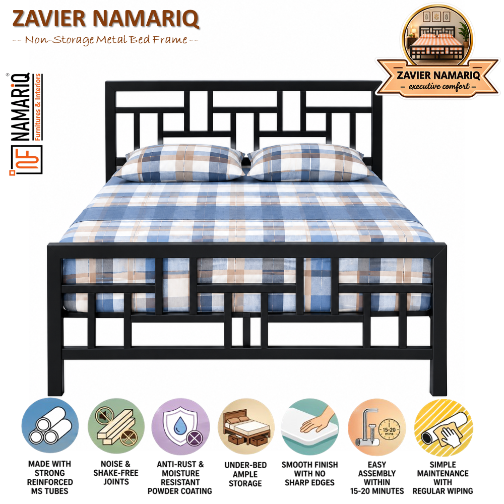 zavier-namariq-solid-wrought-iron-metal-bed-cot-without-inbuilt-storage-box-space-saving-bedroom-furniture-artistic-head-footboard-with-without-mattress-king-queen-single-sizes-powder-coated-black-color
