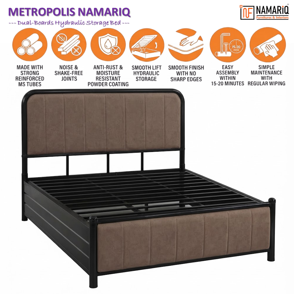 metropolis-namariq-hydraulic-storage-metal-bed-frame-with-cushioned-tufted-head-footboards-bedroom-furniture-easy-assembly-premium-powder-coated-king-queen-single-sizes-black-brown-color