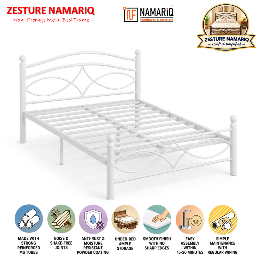 zesture-namariq-solid-wrought-iron-metal-bed-cot-without-inbuilt-storage-box-space-saving-bedroom-furniture-artistic-head-footboard-with-without-mattress-king-queen-single-sizes-powder-coated-white-color