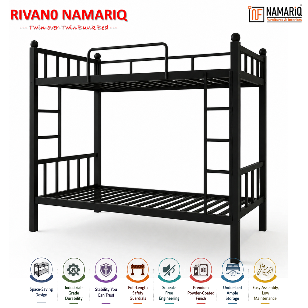 rivano-namariq-twin-bunk-bed-frame-heavy-duty-with-dual-ladder-safety-guardrails-space-saving-bed-for-kids-teens-adults-with-or-without-mattress-easy-assembly-powder-coated-black-color