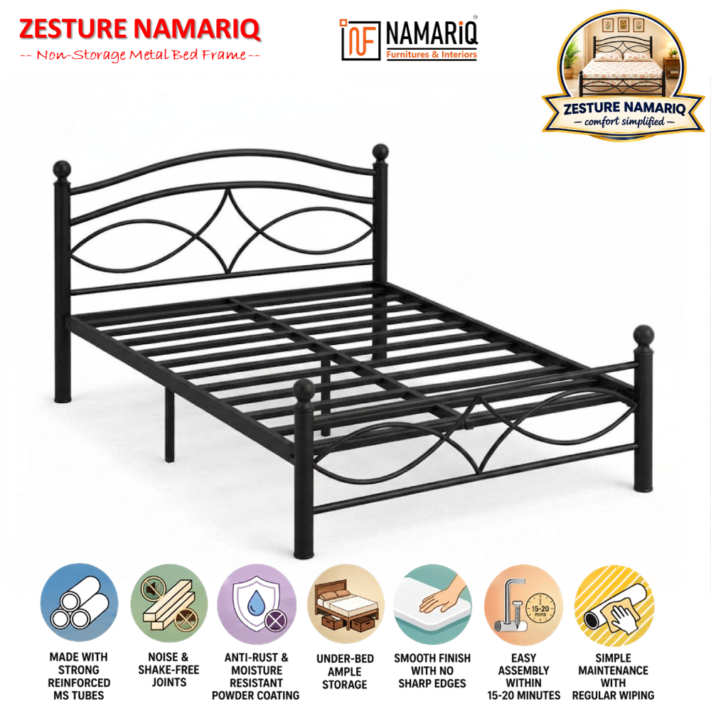 zesture-namariq-solid-wrought-iron-metal-bed-cot-without-inbuilt-storage-box-space-saving-bedroom-furniture-artistic-head-footboard-with-without-mattress-king-queen-single-sizes-powder-coated-black-color