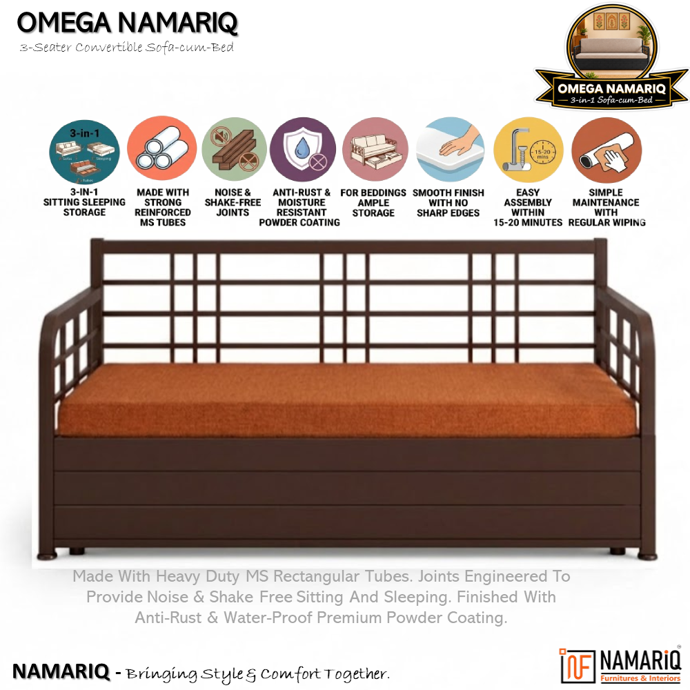 omega-namariq-3-seater-metal-convertible-sofa-cum-bed-hydraulic-storage-box-space-saving-livingroom-home-furniture-easy-assembly-mattress-cushions-included-brown-frame-with-orange-fabric