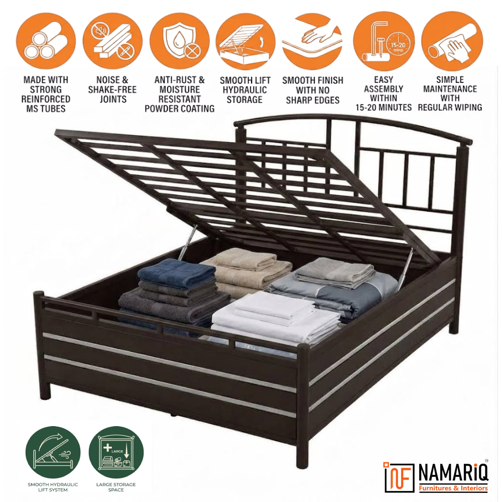 mizaan-namariq-heavy-duty-hydraulic-storage-metal-bed-frame-with-designer-headboard-bedroom-furniture-easy-assembly-premium-powder-coated-king-queen-single-sizes-brown-color