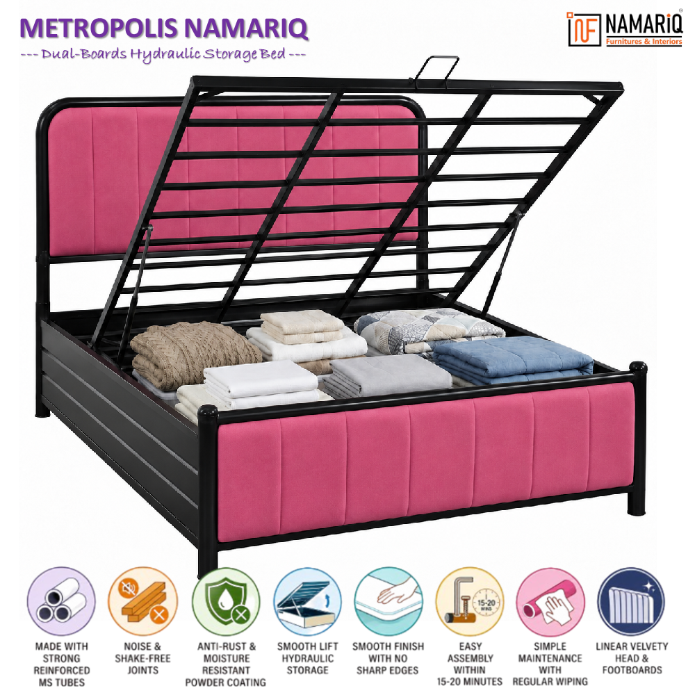 metropolis-namariq-hydraulic-storage-metal-bed-frame-with-cushioned-tufted-head-footboards-bedroom-furniture-easy-assembly-premium-powder-coated-king-queen-single-sizes-black-pink-color