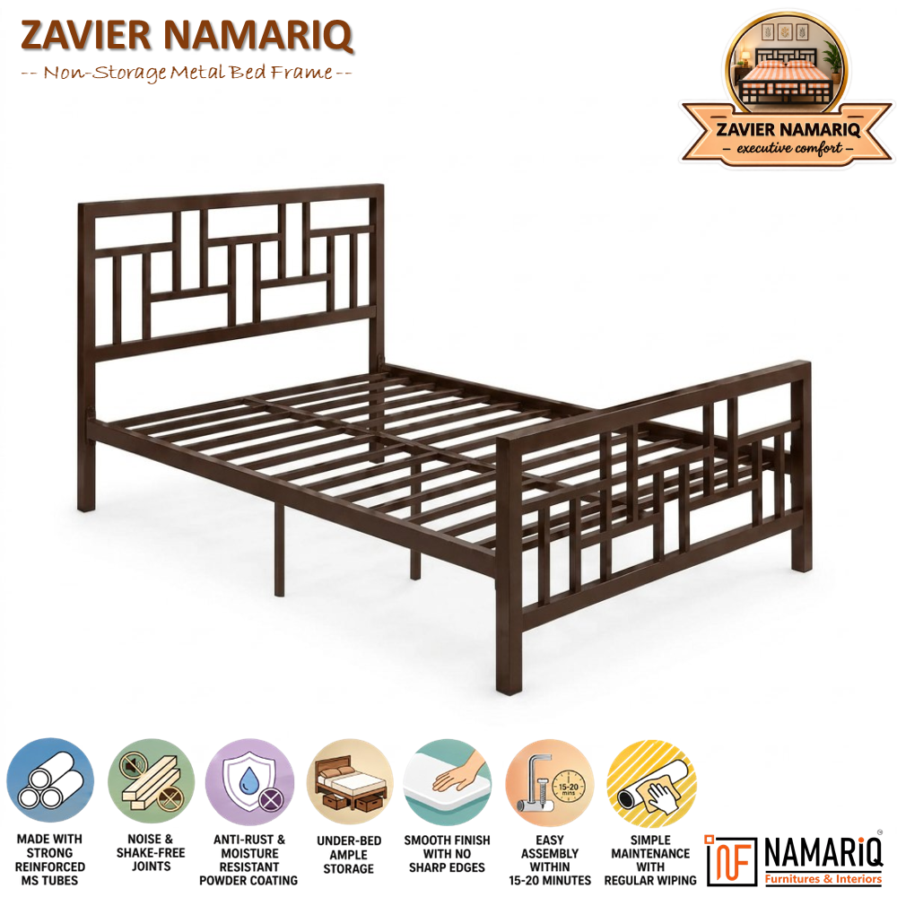 zavier-namariq-solid-wrought-iron-metal-bed-cot-without-inbuilt-storage-box-space-saving-bedroom-furniture-artistic-head-footboard-with-without-mattress-king-queen-single-sizes-powder-coated-brown-color