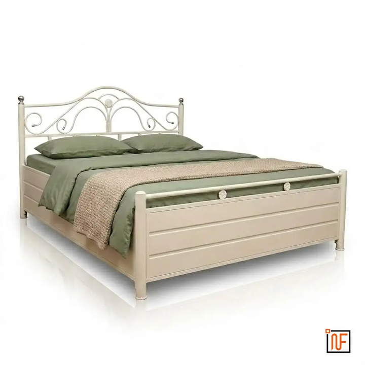 MONTROSE NAMARIQ: Romantically Designed Wrought Iron Metal Bed – With Hydraulic Box Storage – Water Resistant & Anti-Rust Powder Coated Finish - IVORY+2