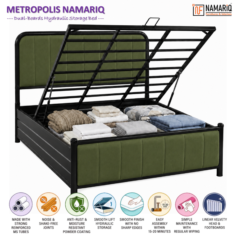 metropolis-namariq-hydraulic-storage-metal-bed-frame-with-cushioned-tufted-head-footboards-bedroom-furniture-easy-assembly-premium-powder-coated-king-queen-single-sizes-black-green-color