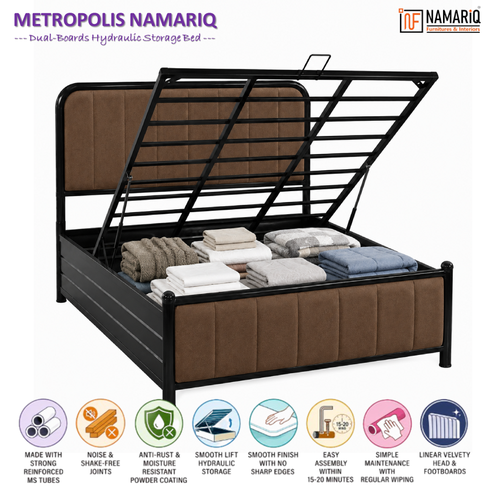 metropolis-namariq-hydraulic-storage-metal-bed-frame-with-cushioned-tufted-head-footboards-bedroom-furniture-easy-assembly-premium-powder-coated-king-queen-single-sizes-black-brown-color