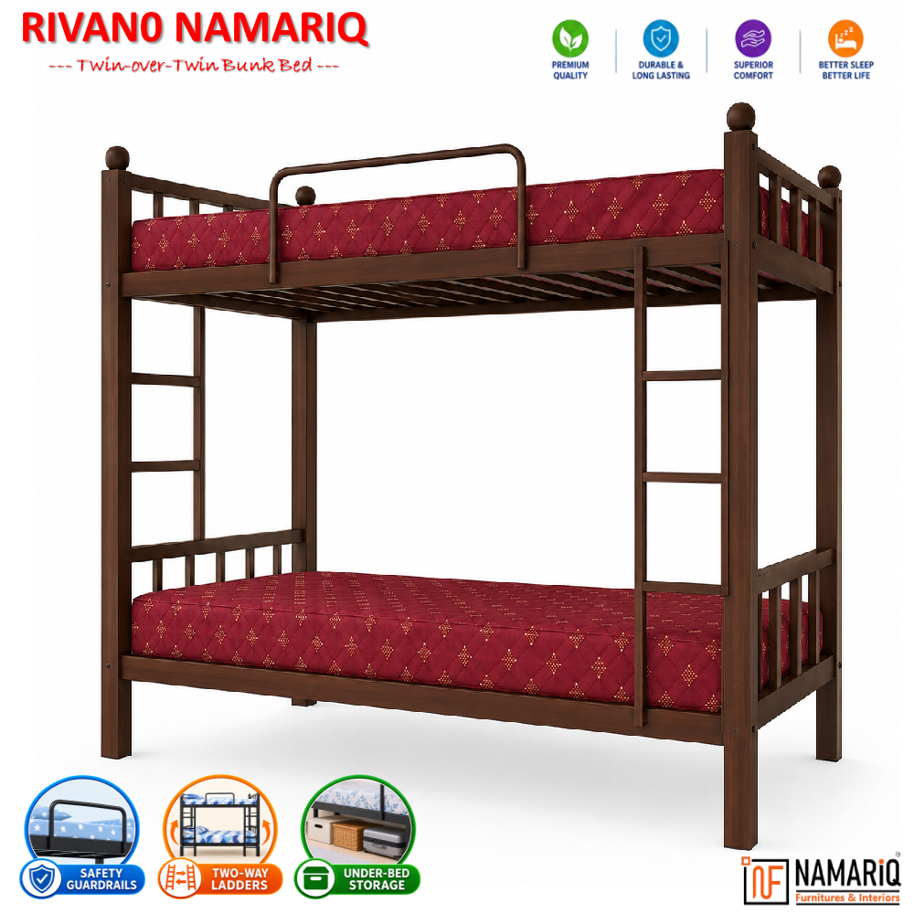 rivano-namariq-twin-bunk-bed-frame-heavy-duty-with-dual-ladder-safety-guardrails-space-saving-bed-for-kids-teens-adults-with-or-without-mattress-easy-assembly-powder-coated-brown-color