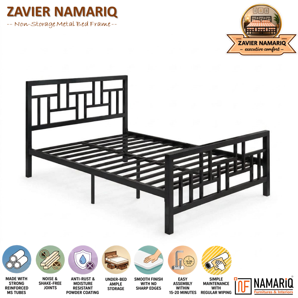 zavier-namariq-solid-wrought-iron-metal-bed-cot-without-inbuilt-storage-box-space-saving-bedroom-furniture-artistic-head-footboard-with-without-mattress-king-queen-single-sizes-powder-coated-black-color