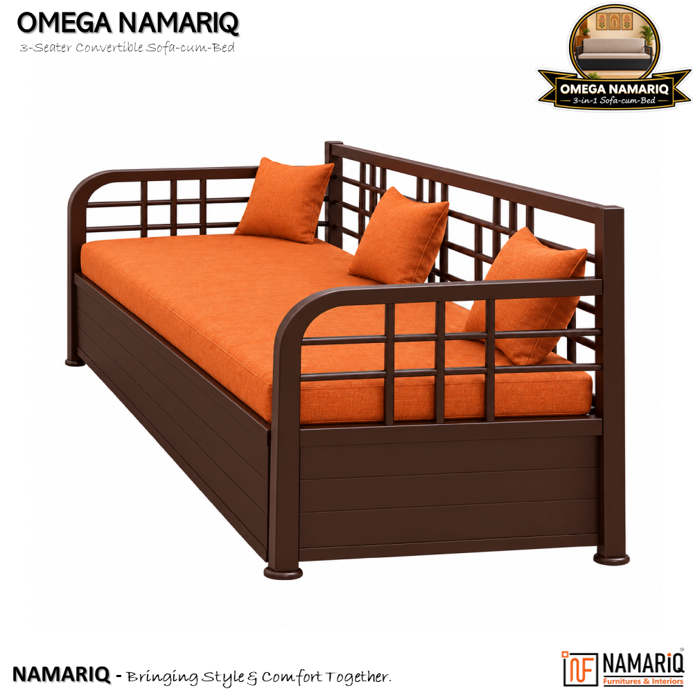 omega-namariq-3-seater-metal-convertible-sofa-cum-bed-hydraulic-storage-box-space-saving-livingroom-home-furniture-easy-assembly-mattress-cushions-included-brown-frame-with-orange-fabric