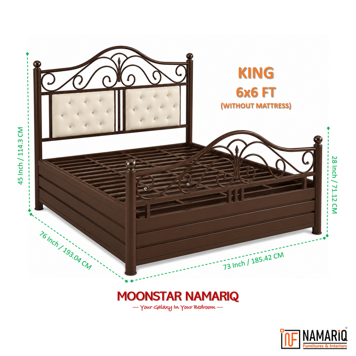 MOONSTAR NAMARIQ: Heavy Duty Metal Bed Frame | Hydraulic Box Storage | Designer Headboard Twin Cushions | Designer Footboard | King, Queen, Super-King, Super-Queen Sizes | Water Resistant & Anti-Rust Powder Coated | BROWN Color