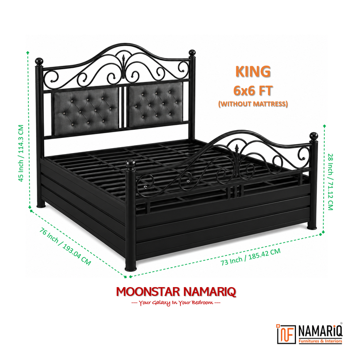 MOONSTAR NAMARIQ: Heavy Duty Metal Bed Frame | Hydraulic Box Storage | Designer Headboard Twin Cushions | Designer Footboard | King, Queen, Super-King, Super-Queen Sizes | Water Resistant & Anti-Rust Powder Coated | IVORY Color
