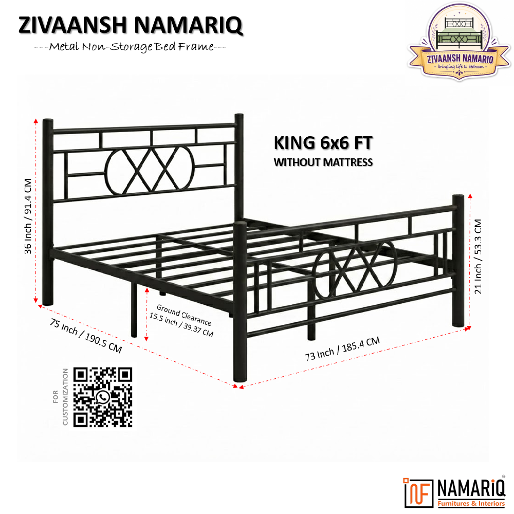 zivaansh-namariq-wrought-iron-metal-bed-without-inbuilt-storage-box-space-saving-bedroom-cot-bed-with-architectural-circle-grid-head-footboard-with-without-mattress-king-queen-single-sizes-powder-coated-black-color