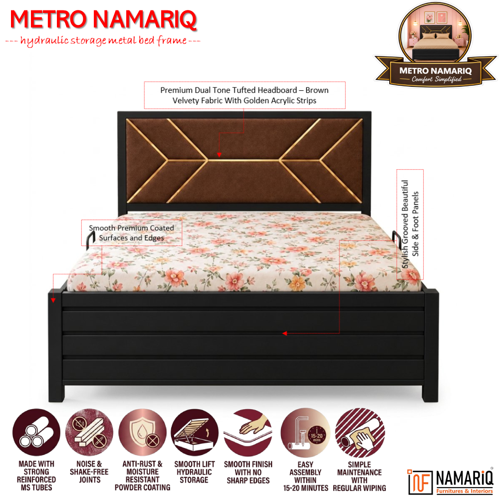metro-namariq-hydraulic-storage-box-metal-bed-frame-with-tufted-fabric-brown-golden-headboard-bedroom-furniture-easy-assembly-premium-powder-coated-king-queen-single-sizes-black-color