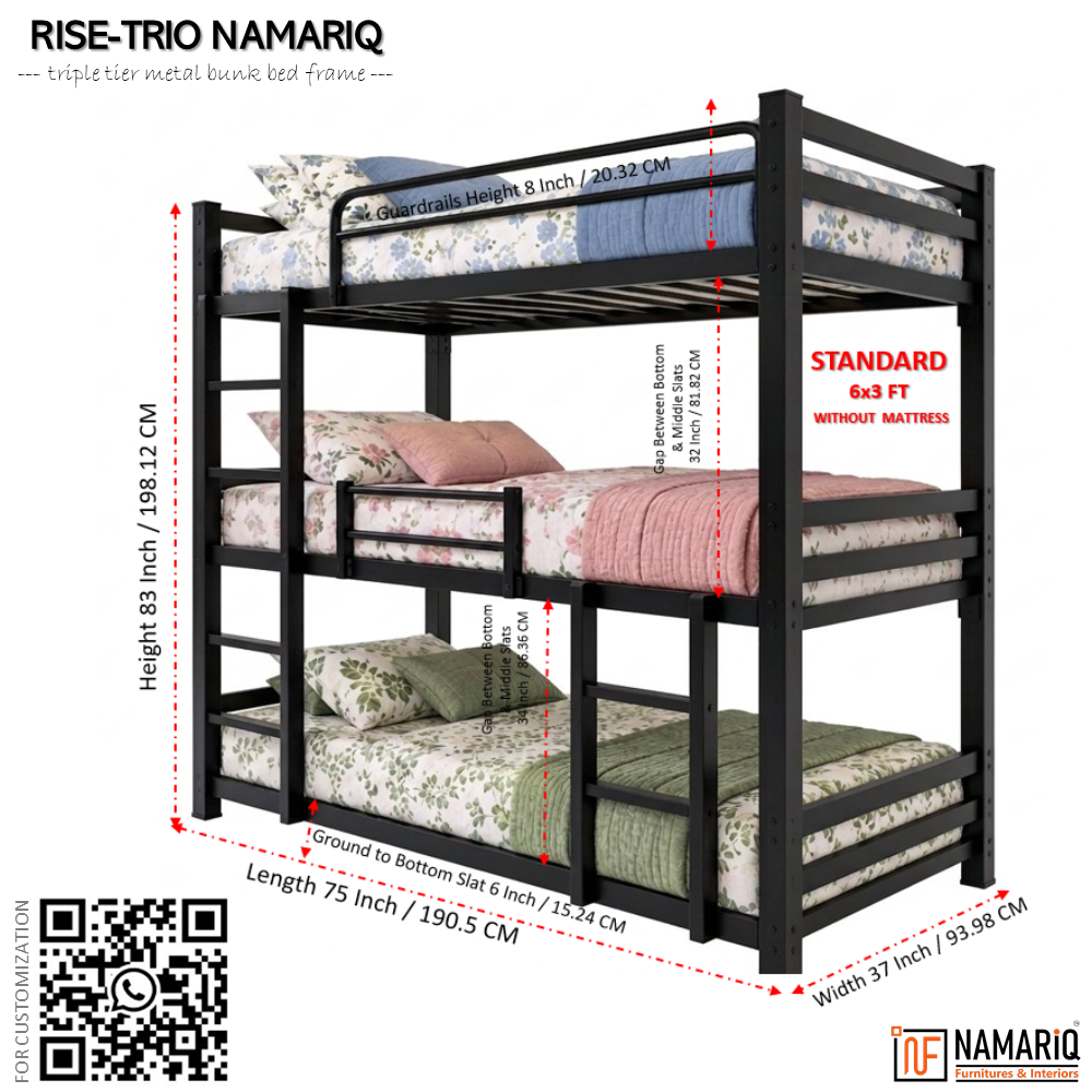 rise-trio-namariq-heavy-duty-triple-bunk-bed-frame-with-ladder-safety-guardrails-3-tier-space-saving-heavy-duty-kids-adults-guests-room-with-or-without-mattress-powder-coated-black-color