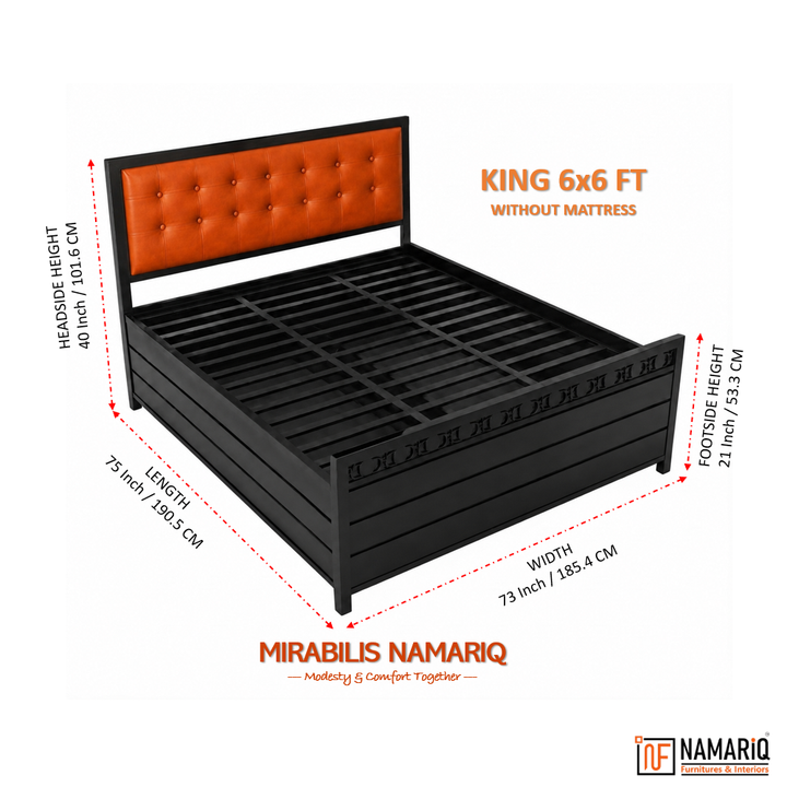 MIRABILIS NAMARIQ: Heavy Duty Hydraulic Storage Metal Bed Frame | Tufted Cushion Headboard | Bedroom Furniture | Easy Assembly | Premium Powder Coated | KING, QUEEN, SINGLE Sizes | BLACK Color